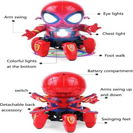 Cool Spider Robot with Six Paws -Colorful Lights, Music, Move Dancing - for Kids Gift (Red)