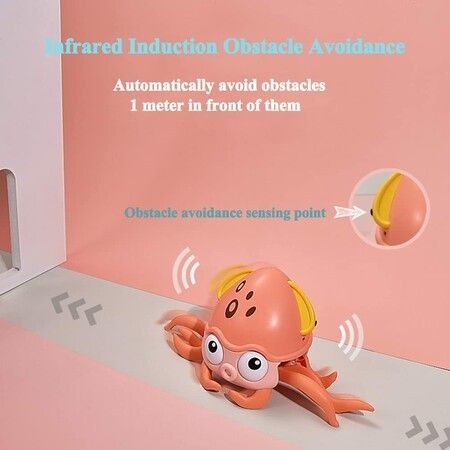 Electric Crawling Octopus Toy with Music LED Light Up Automatically Avoid Obstacles USB Charge for Babies (Orange)