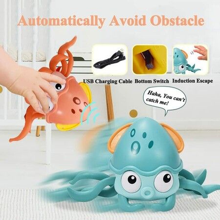 Electric Crawling Octopus Toy with Music LED Light Up Automatically Avoid Obstacles USB Charge for Babies (Orange)