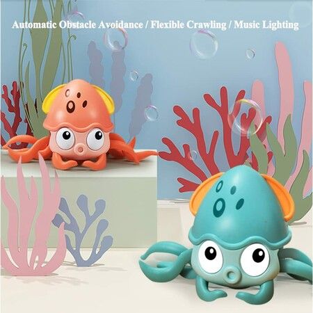 Electric Crawling Octopus Toy with Music LED Light Up Automatically Avoid Obstacles USB Charge for Babies (Orange)