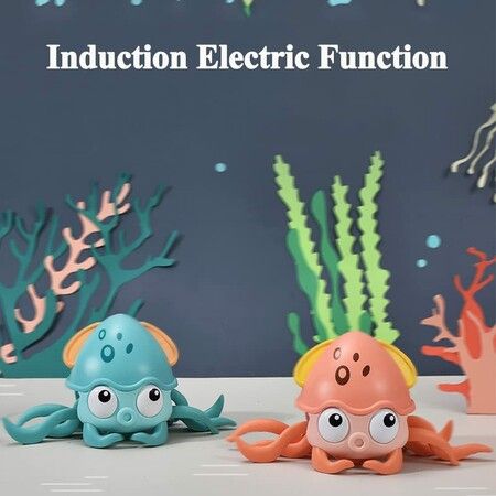 Electric Crawling Octopus Toy with Music LED Light Up Automatically Avoid Obstacles USB Charge for Babies (Orange)