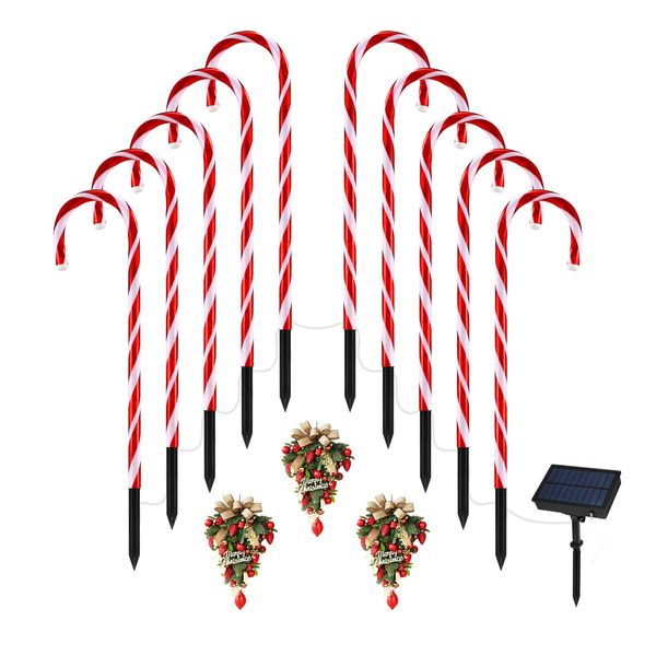 Christmas Solar Light LED Candy Cane Outdoor Garden Decoration Pathway Holiday Ornament 10Pcs