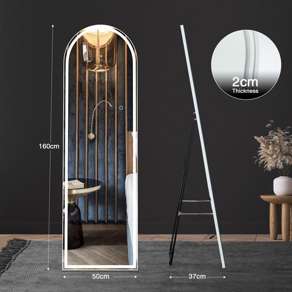 LED Full Length Mirror Arched Body Floor Free Standing Hanging Leaning Lighted Wall Mounted Bedroom Hallway 3 Lighting Colours 