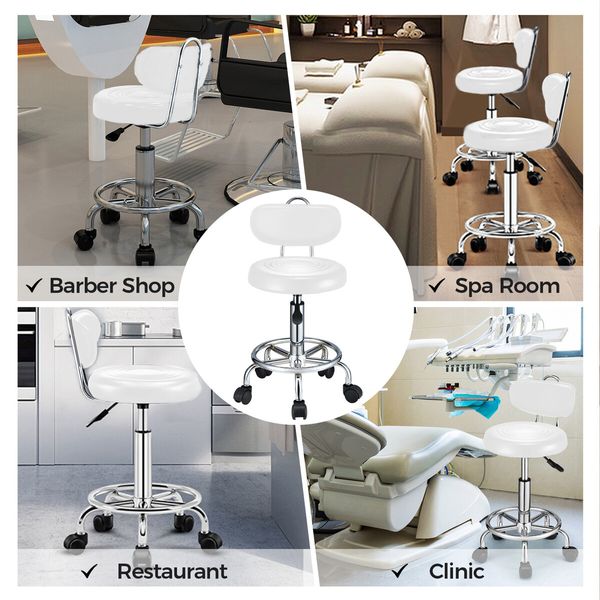 Barber Salon Chair Stool Height Adjustable Rotatable Clinic Beauty Hairdressing PU White With Back