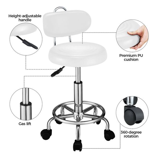 Barber Salon Chair Stool Height Adjustable Rotatable Clinic Beauty Hairdressing PU White With Back