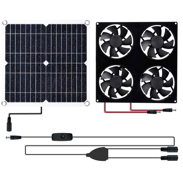 Solar Panel Exhaust Fan 30w Waterproof 4 Ventilators 4m Cable and Switch for Attic Chicken Greenhouse Shed Roof Houses RV