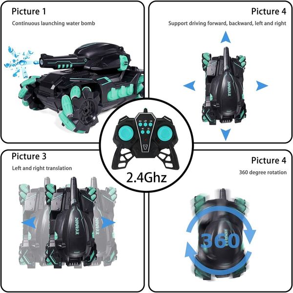 RC Tank Car 12Kmh for All Terrains Launch Water Bomb 2.4 Ghz Car with 180°Shooting 360°Rotating Road 4WD Age 6-8 ?Black-Green)