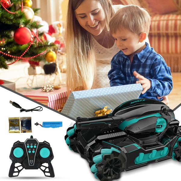 RC Tank Car 12Kmh for All Terrains Launch Water Bomb 2.4 Ghz Car with 180°Shooting 360°Rotating Road 4WD Age 6-8 ?Black-Green)