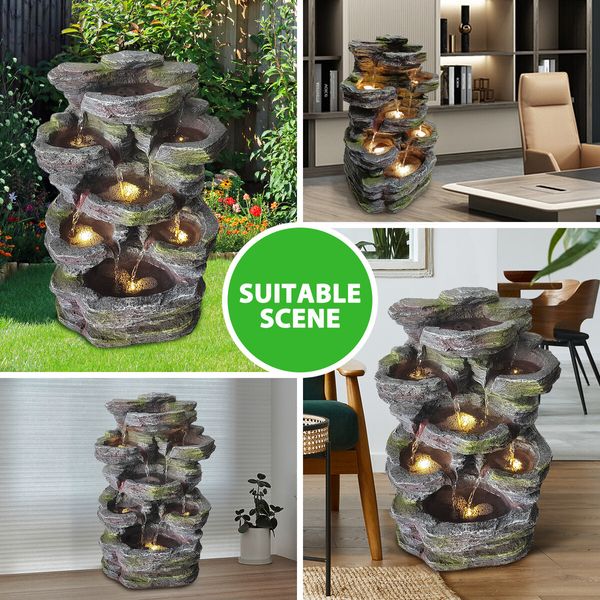 Garden Water Feature Fountain Rocky Waterfall LED Lights Submersible Pump Outdoor Indoor Backyard Balcony Home 5-Tier 46cm