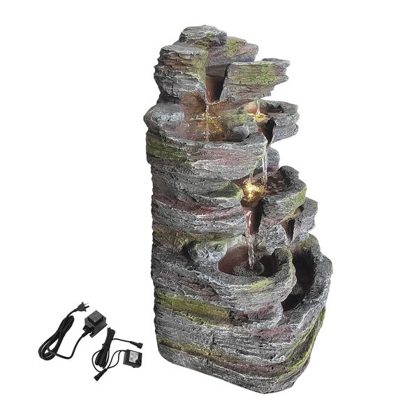 Garden Water Feature Fountain Rocky Waterfall LED Lights Submersible Pump Outdoor Indoor Backyard Balcony Home 5-Tier 46cm