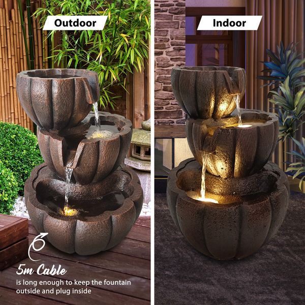 Garden Water Feature Fountain Cascading Outdoor Bowl LED Lights Submersible Pump Indoor Home Balcony Rustic Polyresin 3-Tier 39.5cm