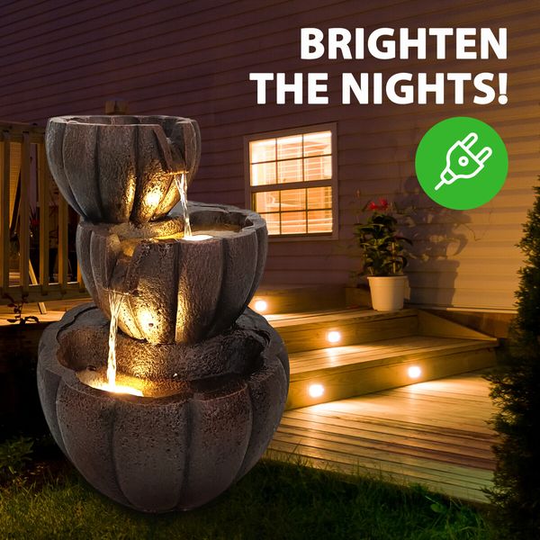 Garden Water Feature Fountain Cascading Outdoor Bowl LED Lights Submersible Pump Indoor Home Balcony Rustic Polyresin 3-Tier 39.5cm