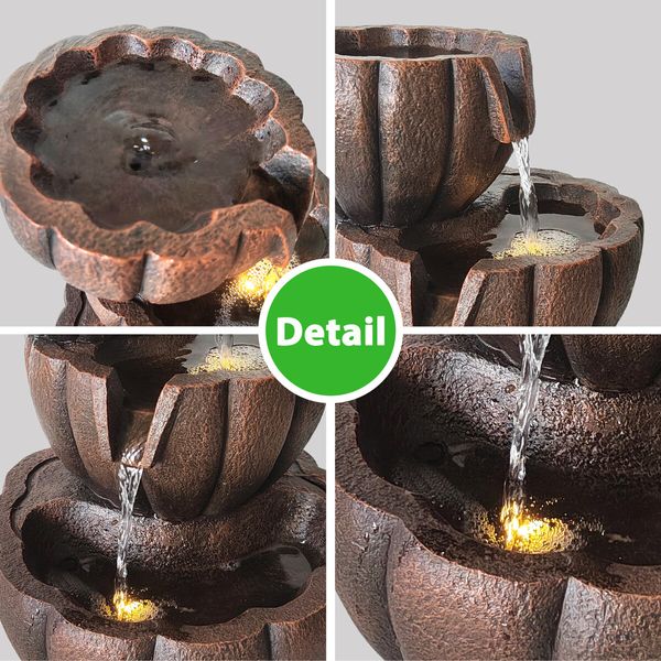 Garden Water Feature Fountain Cascading Outdoor Bowl LED Lights Submersible Pump Indoor Home Balcony Rustic Polyresin 3-Tier 39.5cm