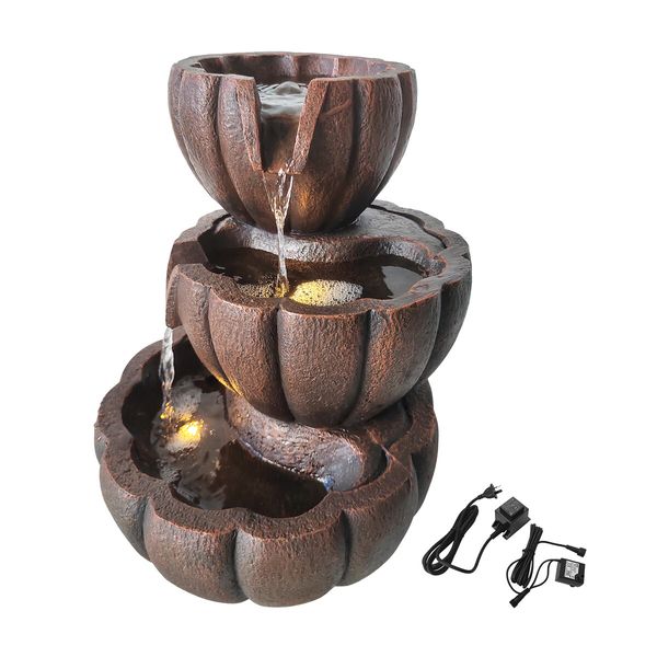 Garden Water Feature Fountain Cascading Outdoor Bowl LED Lights Submersible Pump Indoor Home Balcony Rustic Polyresin 3-Tier 39.5cm