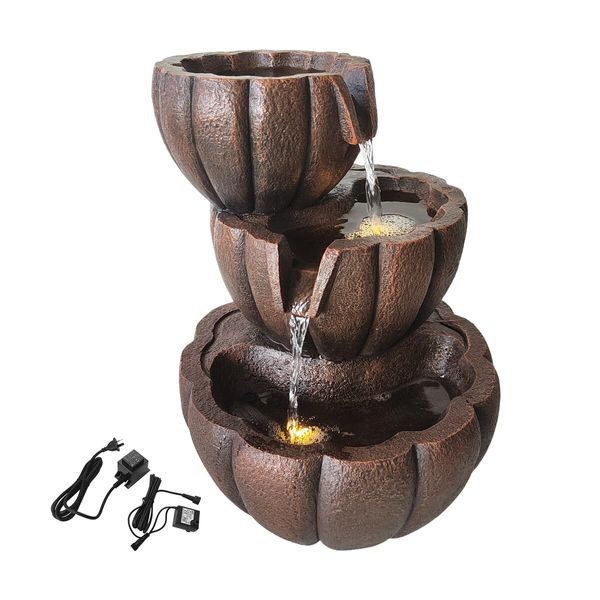 Garden Water Feature Fountain Cascading Outdoor Bowl LED Lights Submersible Pump Indoor Home Balcony Rustic Polyresin 3-Tier 39.5cm