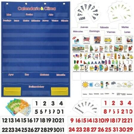 Calendar Pocket Chart Calendar Weather with 142 Spanish Flash Cards Classroom Teaching,Homeschooling (Blue)