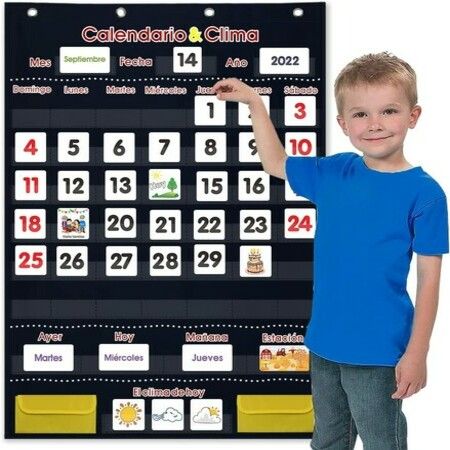 Calendar Pocket Chart Calendar Weather with 142 Spanish Flash Cards Classroom Teaching Home (Black)