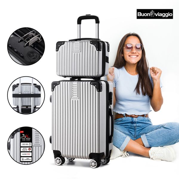 2 Piece Luggage Set Carry On Travel Suitcases Hard Shell Lightweight Traveller Checked Rolling Travelling Trolley Vanity Bag 