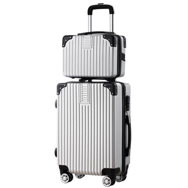 2 Piece Luggage Set Carry On Travel Suitcases Hard Shell Lightweight Traveller Checked Rolling Travelling Trolley Vanity Bag 