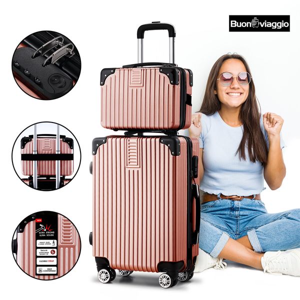 2 Piece Luggage Set Carry On Hard Shell Travel Suitcases Traveller Checked Lightweight Rolling Trolley Vanity Bag 