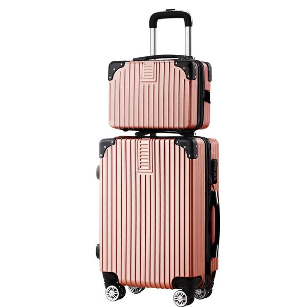 2 Piece Luggage Set Carry On Hard Shell Travel Suitcases Traveller Checked Lightweight Rolling Trolley Vanity Bag 