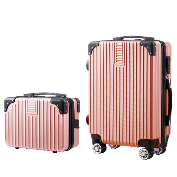 2 Piece Luggage Set Carry On Hard Shell Travel Suitcases Traveller Checked Lightweight Rolling Trolley Vanity Bag 