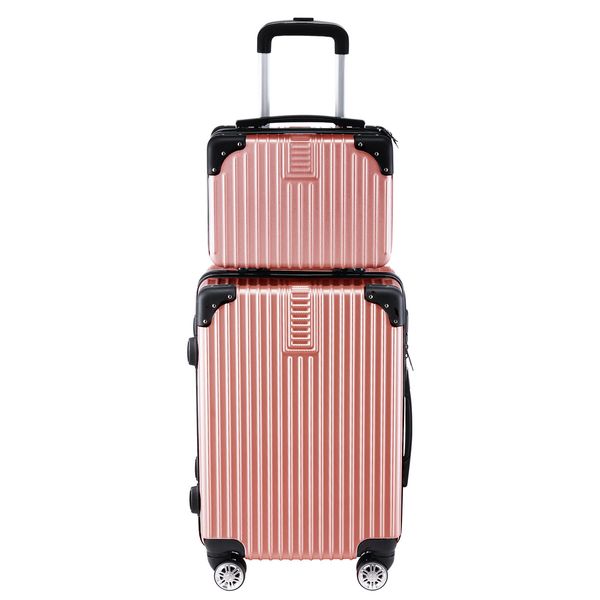 2 Piece Luggage Set Carry On Hard Shell Travel Suitcases Traveller Checked Lightweight Rolling Trolley Vanity Bag 