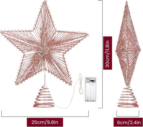 Christmas Star Tree Topper, Glitter 3D Star Tree Top with LED Lights for Christmas Tree Decoration and Holiday Seasonal Decor - Rose Gold