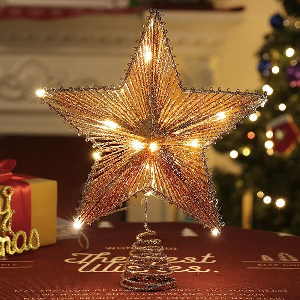 Christmas Star Tree Topper, Glitter 3D Star Tree Top with LED Lights for Christmas Tree Decoration and Holiday Seasonal Decor - Rose Gold