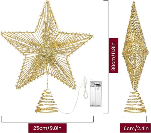 Christmas Star Tree Topper, Golden Glitter 3D Star Tree Top with LED Lights for Christmas Tree Decoration and Holiday Seasonal Decor - Gold