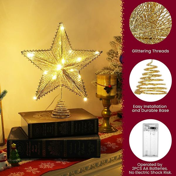 Christmas Star Tree Topper, Golden Glitter 3D Star Tree Top with LED Lights for Christmas Tree Decoration and Holiday Seasonal Decor - Gold