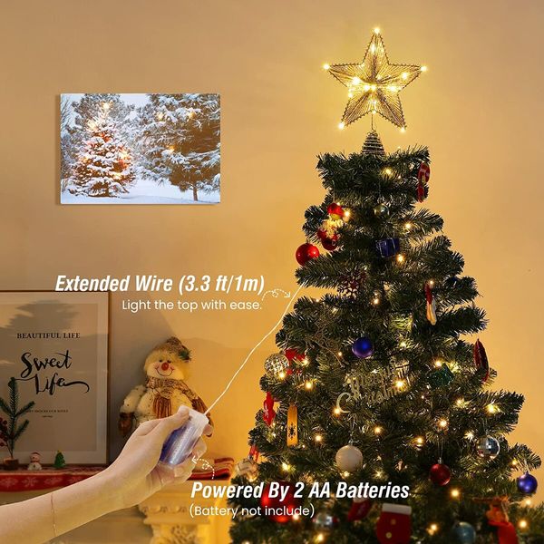 Christmas Star Tree Topper, Golden Glitter 3D Star Tree Top with LED Lights for Christmas Tree Decoration and Holiday Seasonal Decor - Gold