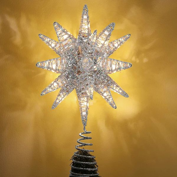 Christmas Tree Topper, Lighted Up Tree Topper 3D Geometric Star Glitter Tree Topper Battery Powered Brilliant Christmas Tree Top, Seasonal Lighting Christmas Tree Decoration, Silver