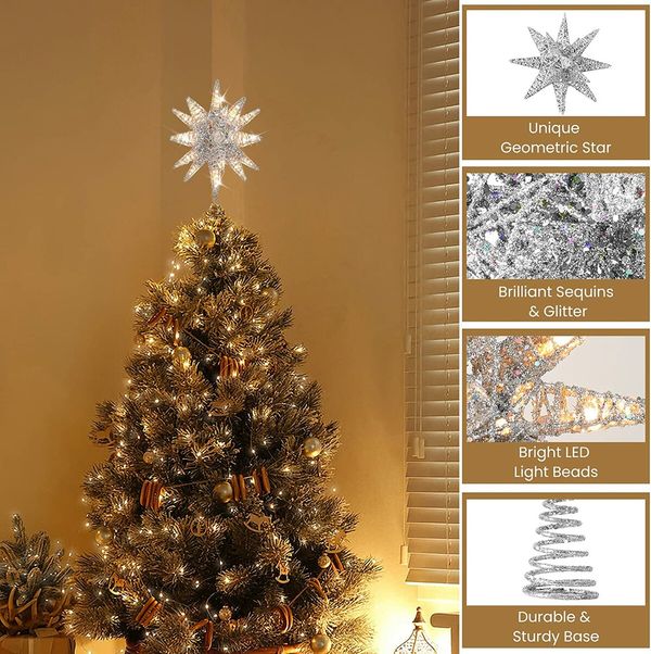 Christmas Tree Topper, Lighted Up Tree Topper 3D Geometric Star Glitter Tree Topper Battery Powered Brilliant Christmas Tree Top, Seasonal Lighting Christmas Tree Decoration, Silver