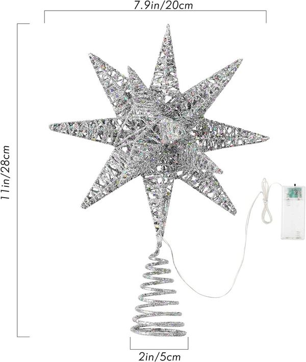 Christmas Tree Topper, Lighted Up Tree Topper 3D Geometric Star Glitter Tree Topper Battery Powered Brilliant Christmas Tree Top, Seasonal Lighting Christmas Tree Decoration, Silver