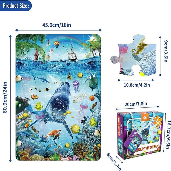 46 Pcs Ocean Floor Puzzle/Underwater Children Recognition Promotes Hand Eye Coordinatio Age 3+ (Glow in the Dark,24x18in)