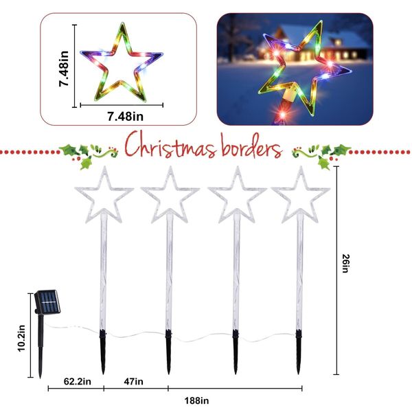 Solar Christmas Pathway Lights, Set of 4 Star Solar Powered Christmas Decorations Outdoor, Waterproof Christmas Garden Stake Lights for Patio, Yard, Garden, Lawn Christmas Holiday Decor