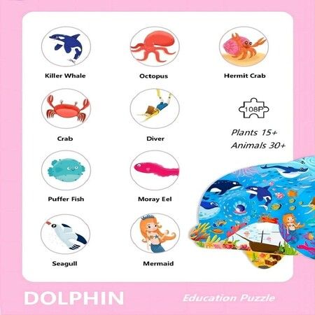 108 Pcs Jigsaw Puzzles Colorful Fun Animal Shaped Puzzle Learning Educational Toys Gifts Games for Age 3+(Dolphin)