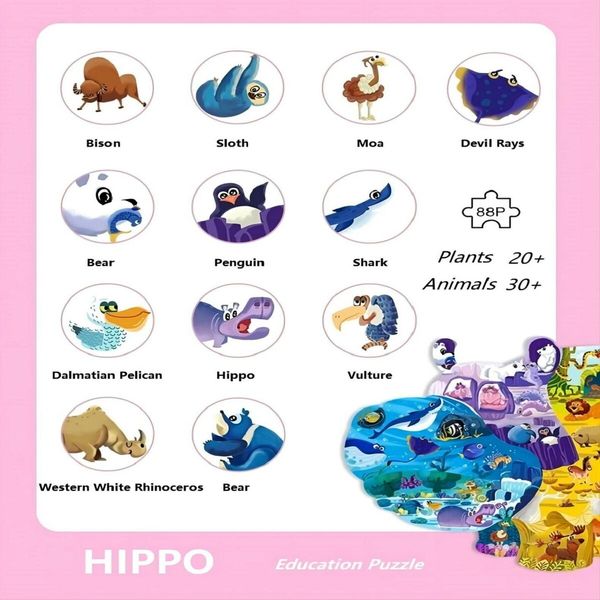 88 Pcs Jigsaw Puzzles Colorful Fun Animal Shaped Puzzle Learning Educational Toys Gifts Games for Age 3+(Hippo)