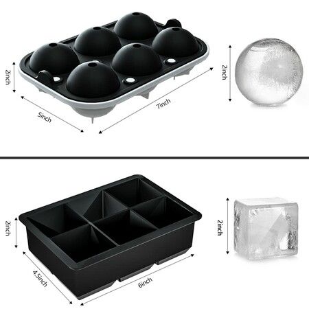 2 Pack Ice Cube Trays Sphere Ice Ball Maker with Lid & Large Square for Whiskey Cocktails Homemade Drinks Chilled