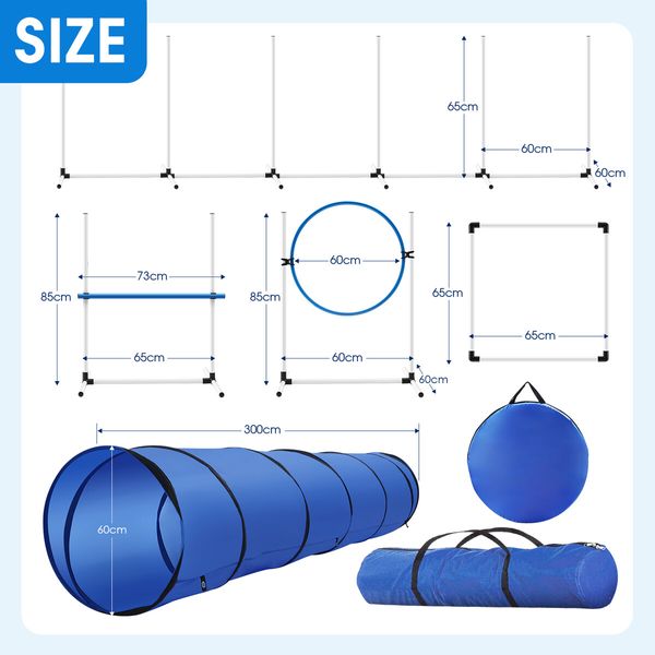 7PCS Dog Agility Equipment Obstacle Course Pet Training High Tire Hurdle Jump Exercise Supplies Sports Tunnel Weave Pole Pause Box with Bags