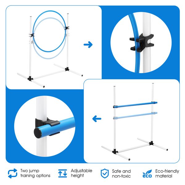 7PCS Dog Agility Equipment Obstacle Course Pet Training High Tire Hurdle Jump Exercise Supplies Sports Tunnel Weave Pole Pause Box with Bags