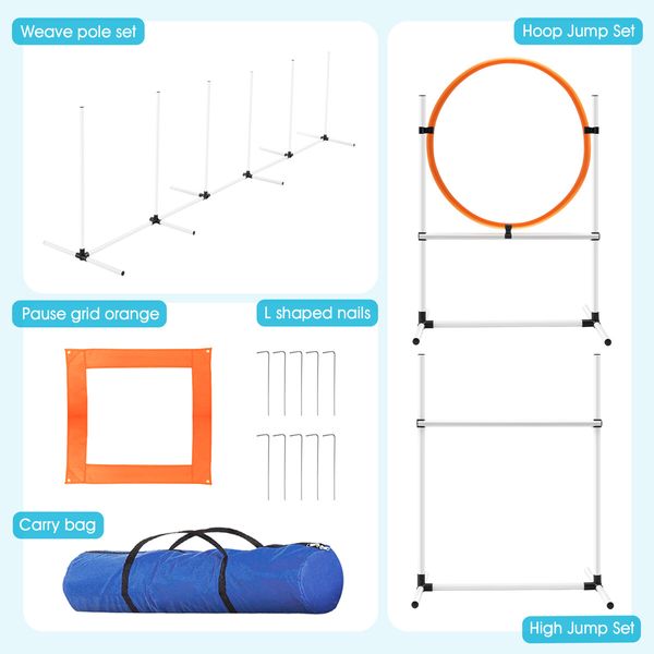 5PCS Dog Agility Equipment Set Pet Obstacle Course Hurdle Jump Training Exercise Supplies Toys Sports High Hoop Weave Pole Pause Box with Bag