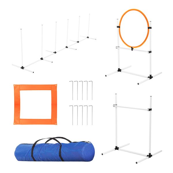 5PCS Dog Agility Equipment Set Pet Obstacle Course Hurdle Jump Training Exercise Supplies Toys Sports High Hoop Weave Pole Pause Box with Bag