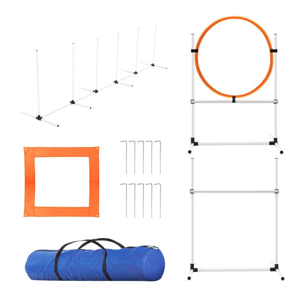 5PCS Dog Agility Equipment Set Pet Obstacle Course Hurdle Jump Training Exercise Supplies Toys Sports High Hoop Weave Pole Pause Box with Bag