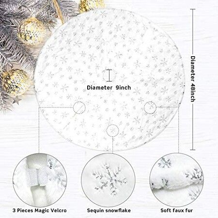 48 Inches Christmas Tree Skirt for Xmas Tree Holiday Party Decoration White Plush Gold Sequin Snowflake (Silver)