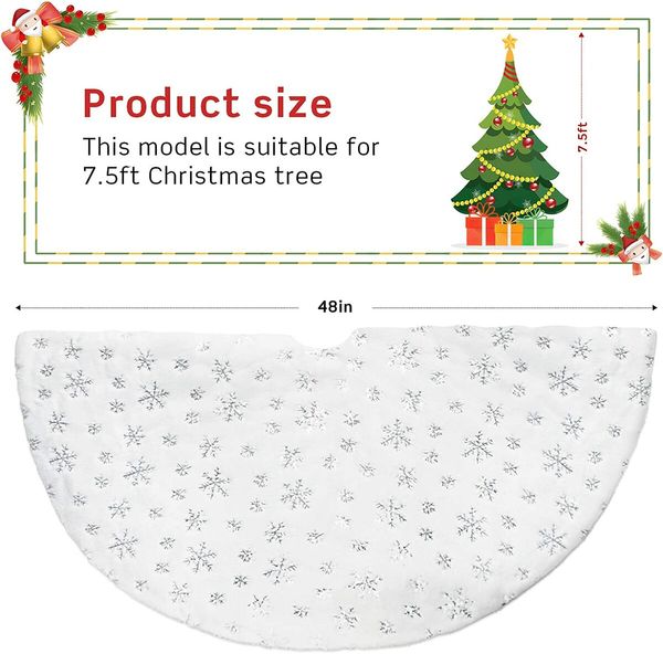 48 Inches Christmas Tree Skirt for Xmas Tree Holiday Party Decoration White Plush Gold Sequin Snowflake (Silver)