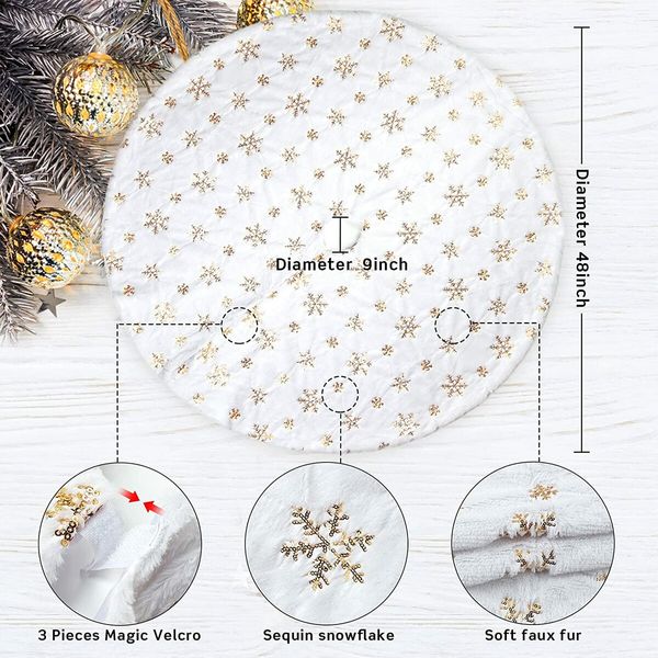 48 Inches Christmas Tree Skirt for Xmas Tree Holiday Party Decoration White Plush Gold Sequin Snowflake (Gold)