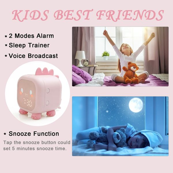 Dinosaur Alarm Clock Night Light Bluetooth Digital Alarm Clock for Kids Girls (Pink)