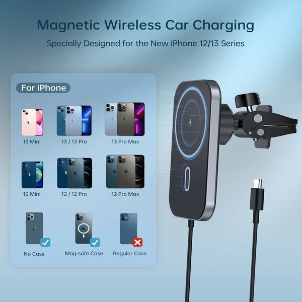 Magnetic Wireless Car Charger 360°Adjustable Auto Alignment Air Vent Compatible with-Mag Safe iPhone 14/13/12 Pro Max Mini(with Car Adapter)